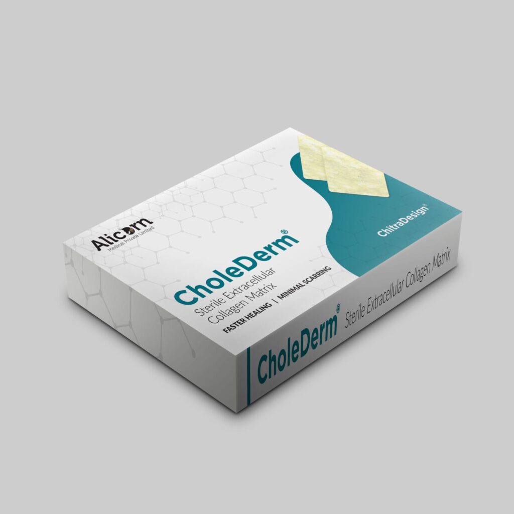 A box of CholeDerm sterile extracellular collagen matrix for faster healing.